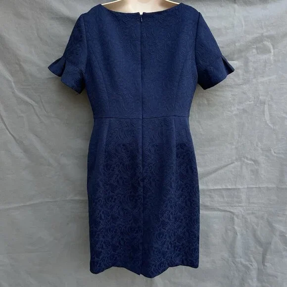 Talbots Size 10 Navy Blue Jacquard Brocade Ruffle Sleeve Sheath Dress Classic - Picture 2 of 8